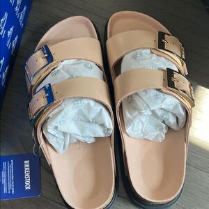 Birkenstock Tan Double Strap Sandals with Gold Buckles